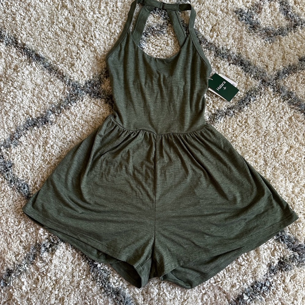 Halara 2-in-1 Romper olive Heathered Active Dress Pockets Sz Small NEW